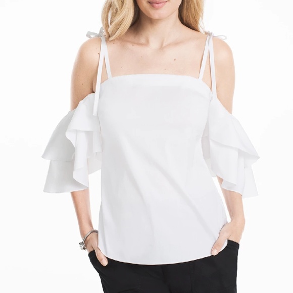 Ruffled cold shoulder poplin white blouse - Picture 3 of 3
